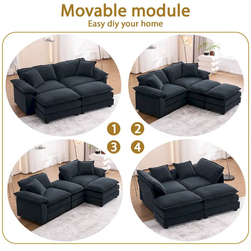 Divano a 2 posti con 2 cuscini, 2 guanciali e 2 pouf, divano confortevole - Divano profondo da soggiorno, divano modulare