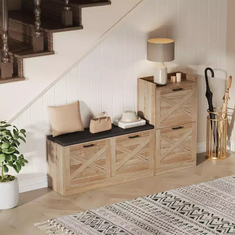 Panca scarpiera da ingresso in legno stile rustico con 4 cassetti a ribalta, scarpiera sottile salvaspazio, mobile scarpiera autoportante per ingresso e corridoio