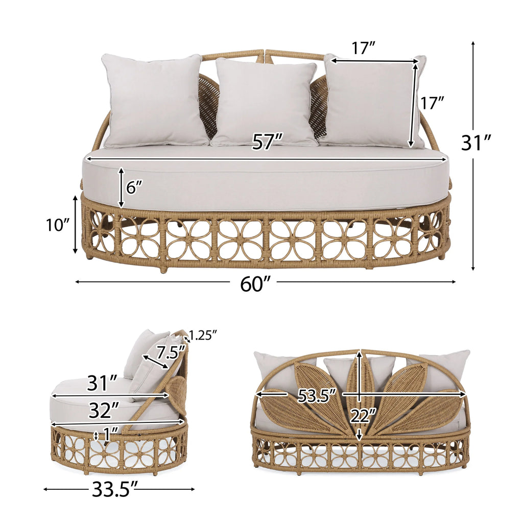 Homan Letto da giorno in vimini per esterni con cuscini, marrone chiaro e beige