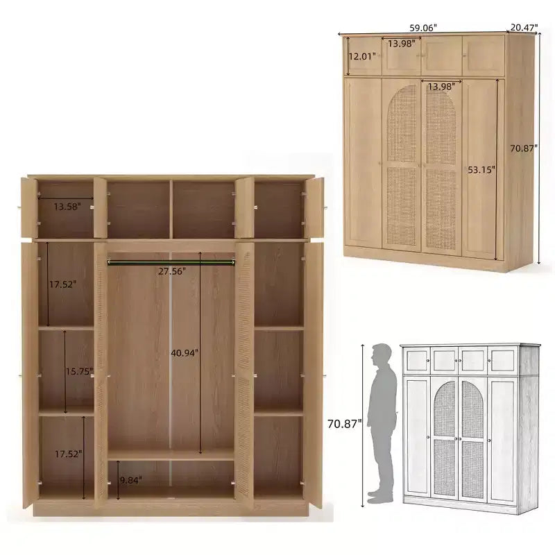 Armadio Guardaroba a 8 Ante di Grande Capacità, Alto 180 cm, con Asta Appendiabiti, Ripiani Regolabili e Ante Decorative in Rattan