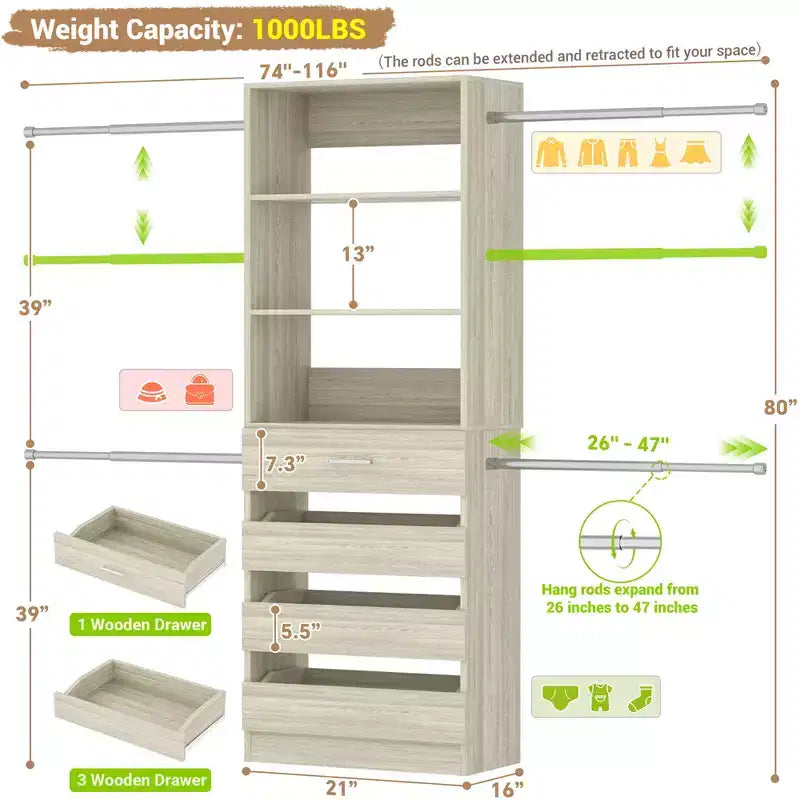 Besiost Sistema Organizer per Armadio in Legno 4-9 piedi con 4 Cassetti, 4 Aste Appendiabiti e Torri Scaffale