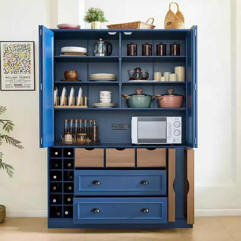 Whisen Armadio Dispensa per Cucina Autoportante Alto 180 cm, Grande Credenza Contenitore per Sala da Pranzo con 4 Ante Pieghevoli, Ripiani, Portabottiglie
