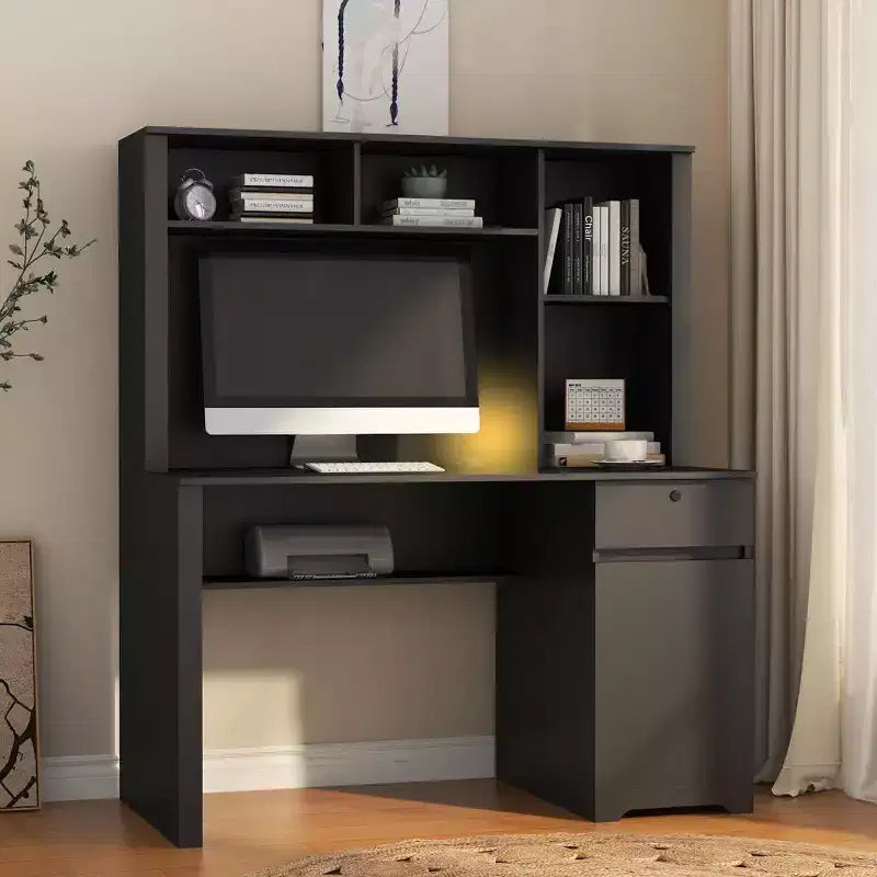 Scrivania moderna da 130 cm con libreria e scaffali, scrivania da ufficio con ampio spazio di archiviazione, scrivania per studio, sala lettura