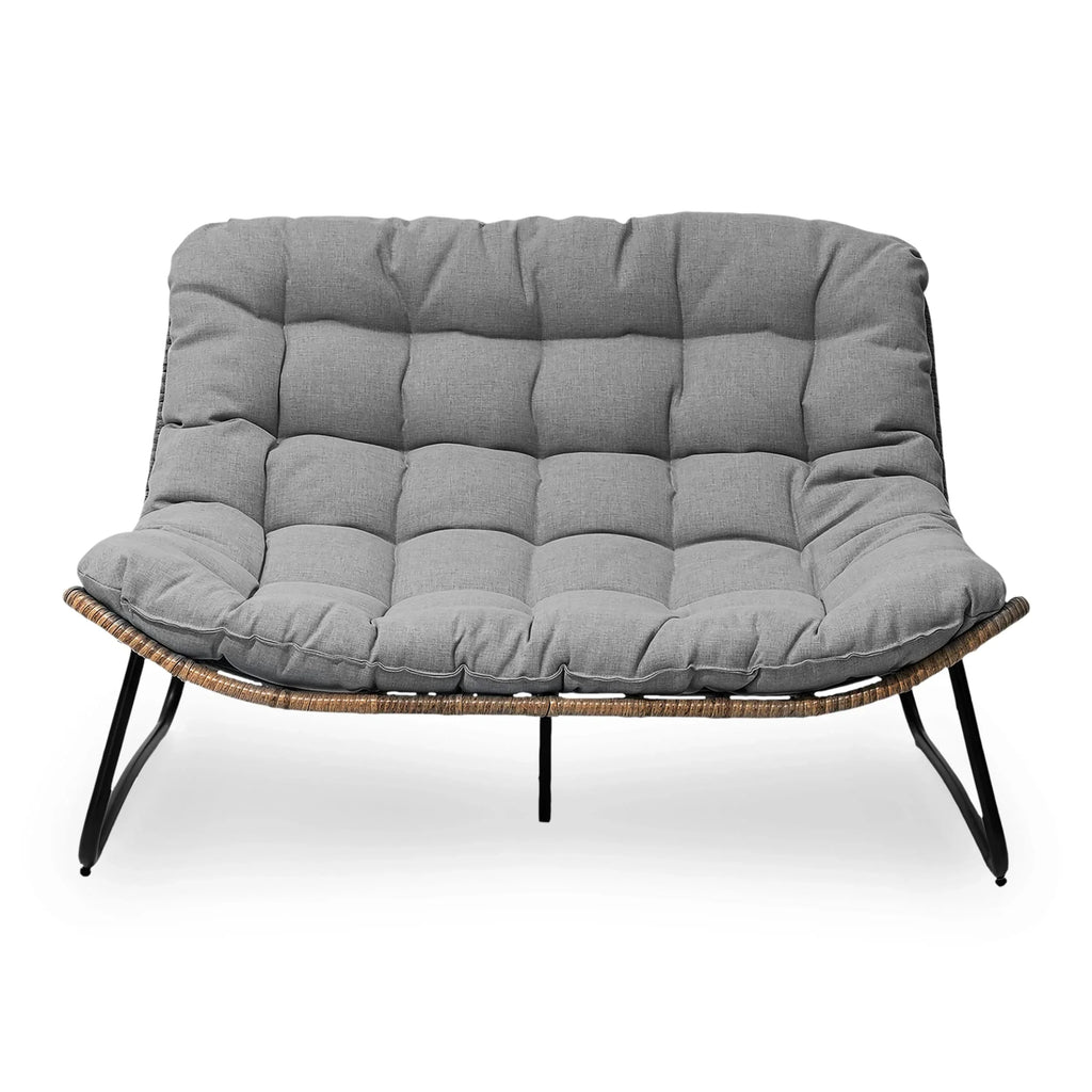 Divanetto due posti Double Papasan con cuscino, in rattan PE per tutte le stagioni e struttura in metallo per interni ed esterni