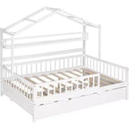 Acekool Letto a capanna a grandezza naturale con letto estraibile singolo, cassetti e ripiani portaoggetti, tetto e recinzione, letto a piattaforma per bambini, bianco