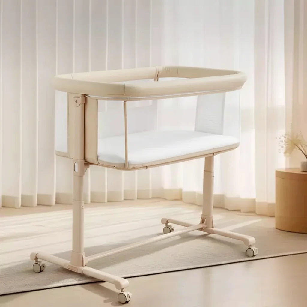 Culla Neonato con Ruote – Beige / Grigio / Rosa, Culla Fianco Letto, per 1 Neonato