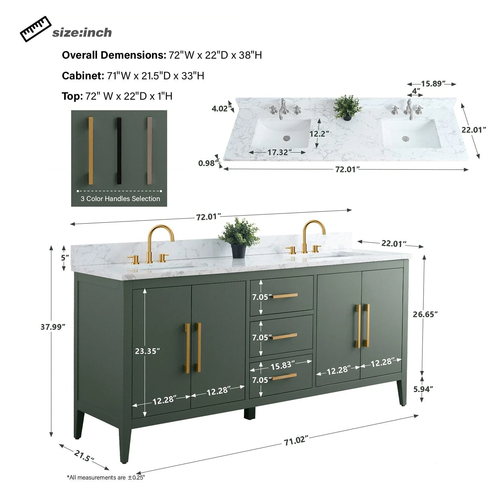 Mobile lavabo doppio Vanity Art 72 per bagno con piano in marmo composito