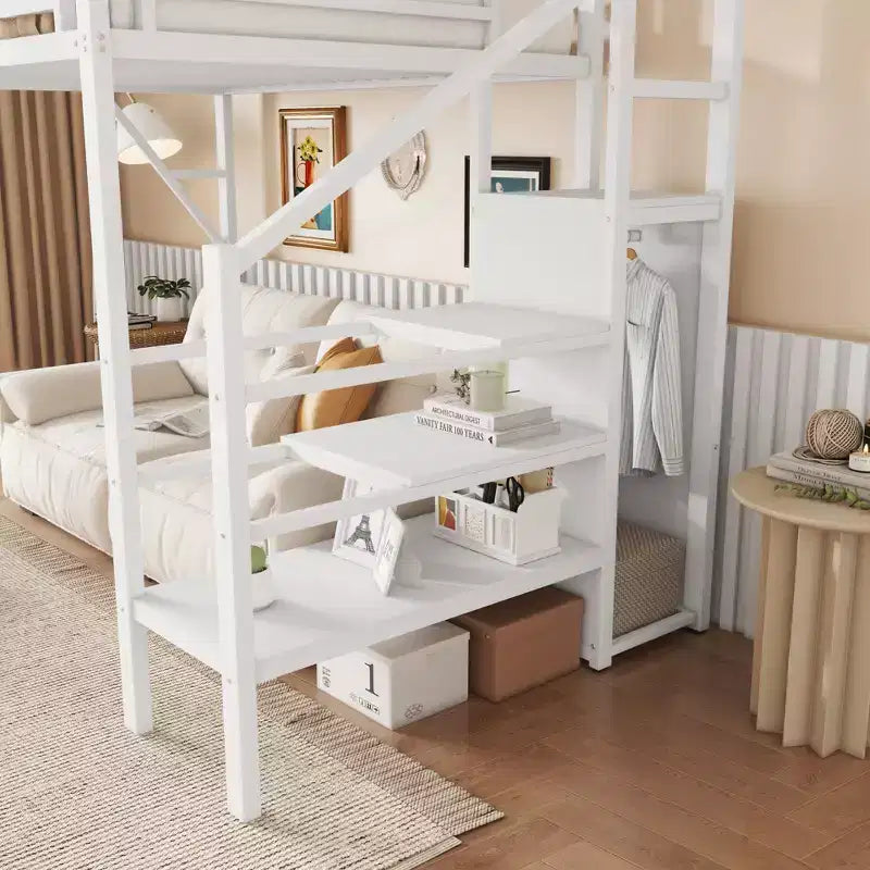 Okak 94IN Letto a soppalco singolo con armadio, letto singolo con ripiani portaoggetti e cestino, telaio letto per camera da letto, dormitorio