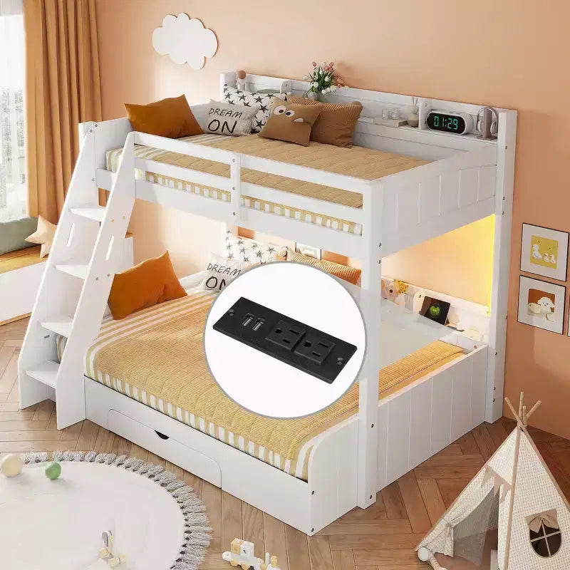 Letto a Castello con Letto Matrimoniale a Una Piazza e Mezza, con Contenitore, Luci a LED e Stazione di Ricarica, Letto a Castello in Legno con Scaffali Laterali per Bambini e Ragazzi
