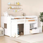 Letto a soppalco basso in legno massiccio, piazza e mezza, 94.6L x 42.3W, con scala, cassetto e mensola, design moderno e pulito