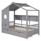Letto a casetta in legno per bambini, piazza singola/matrimoniale, con 2 cassetti e ripiano portaoggetti - ModernLuxe
