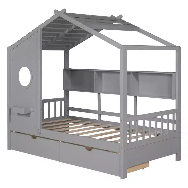 Letto a casetta in legno per bambini, piazza singola/matrimoniale, con 2 cassetti e ripiano portaoggetti - ModernLuxe