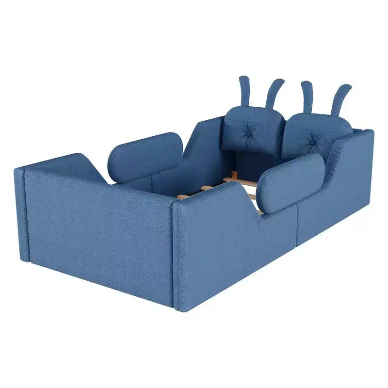 Whisen Twin - Letto a piattaforma, Letto imbottito da pavimento per bambini con cuscino a coniglio, Sponde laterali rimovibili