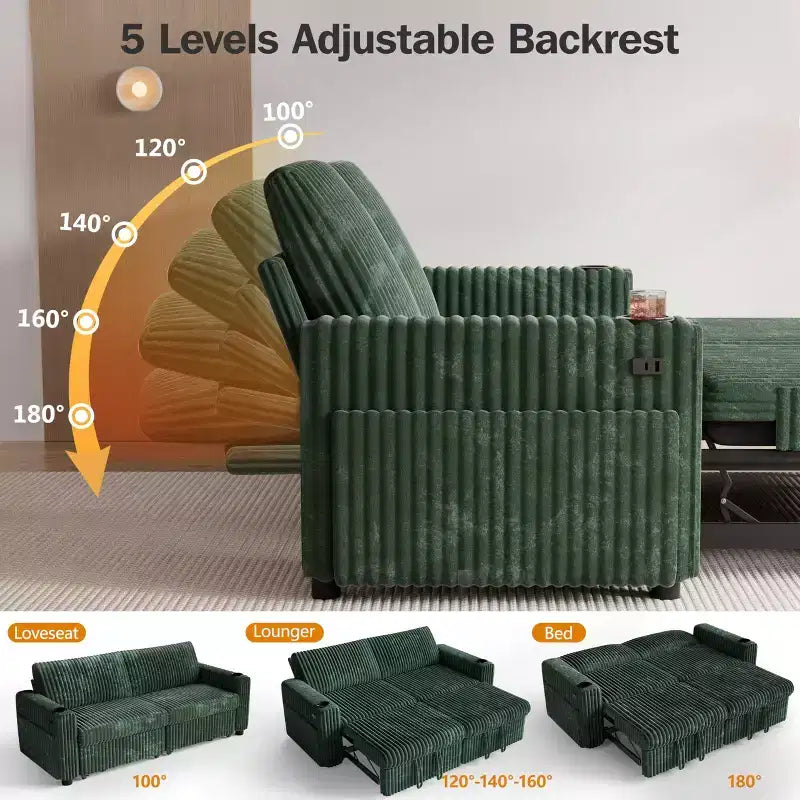 Divano Letto Sezionale Dyonery 91 con Letto Estraibile, Schienale Reclinabile/Due Letti Estraibili/Porte USB/Portabicchieri, Velluto a Coste Peluche