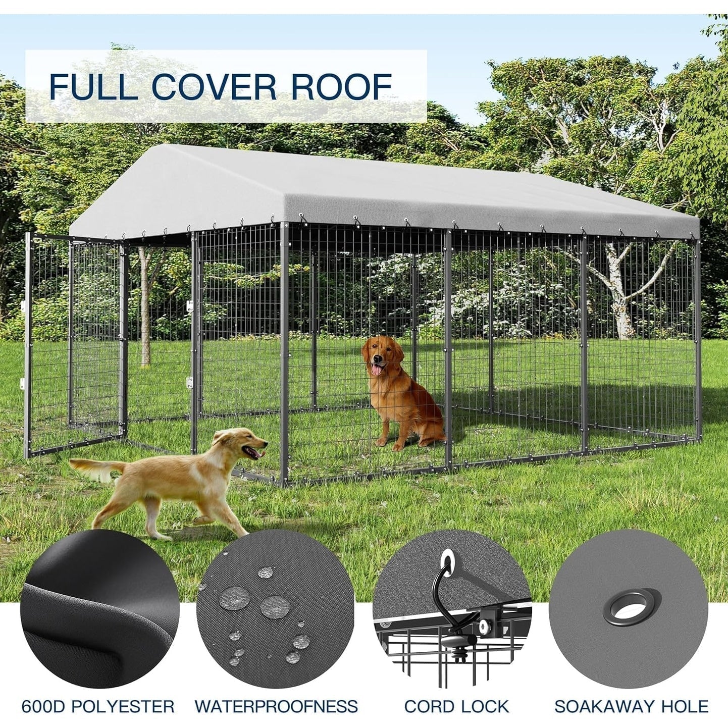 L 118 x P 118 x A 70 Cuccia grande per cani da esterno, Box recintato resistente per cani con tetto impermeabile