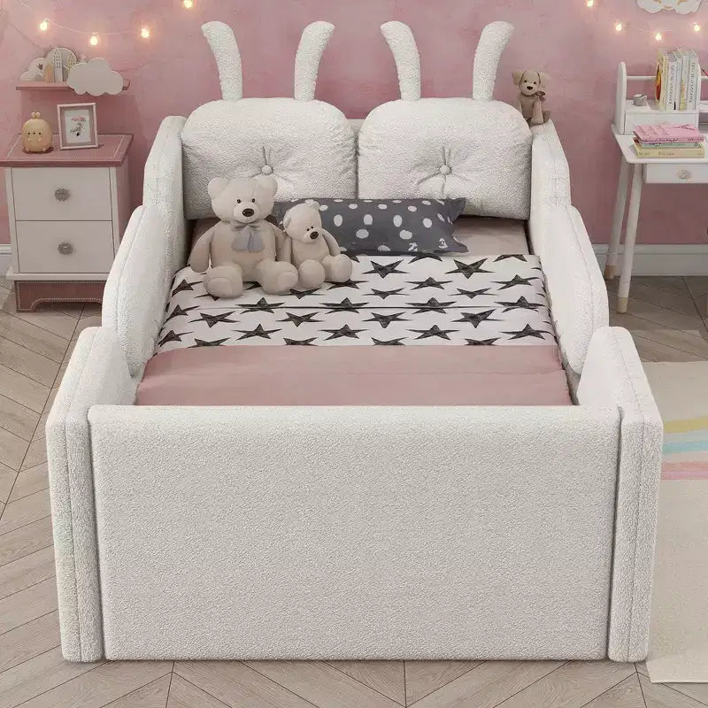 Whisen Twin - Letto a piattaforma, Letto imbottito da pavimento per bambini con cuscino a coniglio, Sponde laterali rimovibili