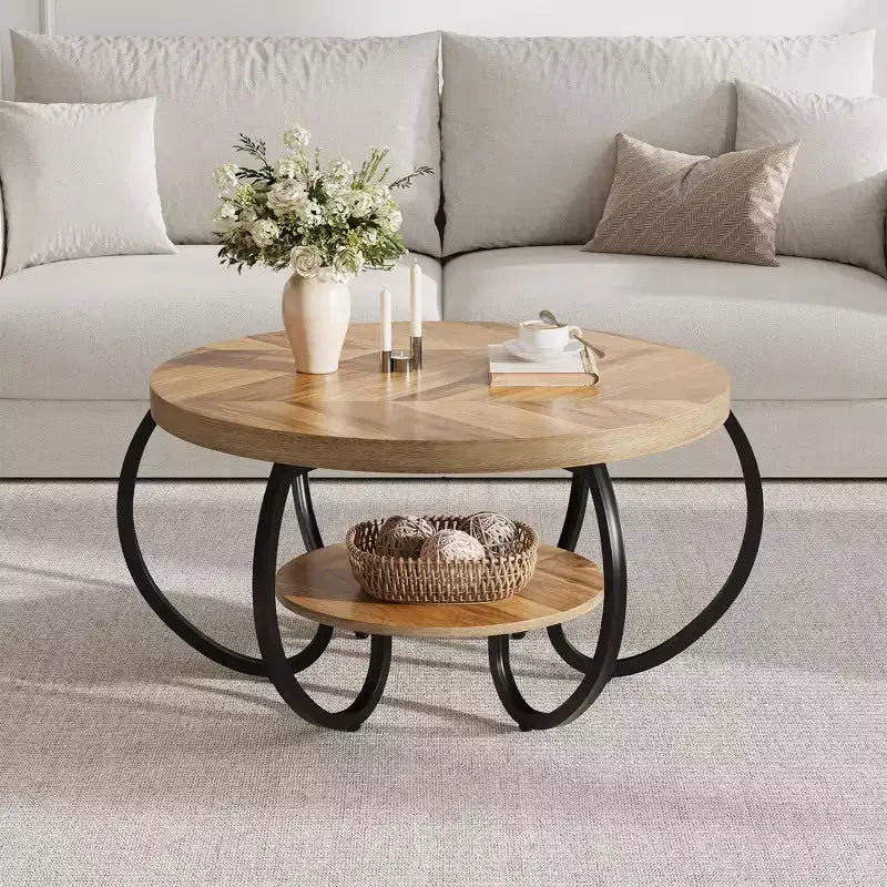 Tavolino Industriale Rotondo da 30 Pollici a 2 Livelli con Piedini Regolabili Ripiano Effetto Legno Design Fiamma Facile da Montare Soggiorno