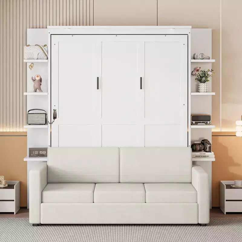 Letto a scomparsa Queen Murphy con divano, letto a scomparsa Queen Size con armadio, letto a parete pieghevole con libreria e mensole per camera degli ospiti o ufficio