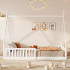 Letto a pavimento per bambini, letti a tenda a una piazza, letto a pavimento Montessori con doghe e sponde di protezione, struttura letto a casetta in legno per ragazzi e ragazze