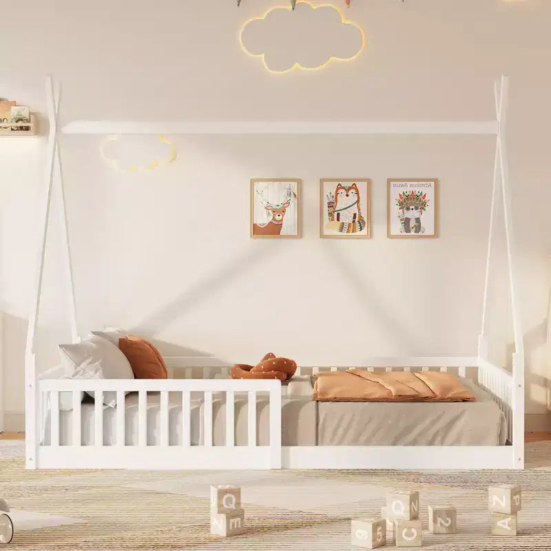Letto a pavimento per bambini, letti a tenda a una piazza, letto a pavimento Montessori con doghe e sponde di protezione, struttura letto a casetta in legno per ragazzi e ragazze