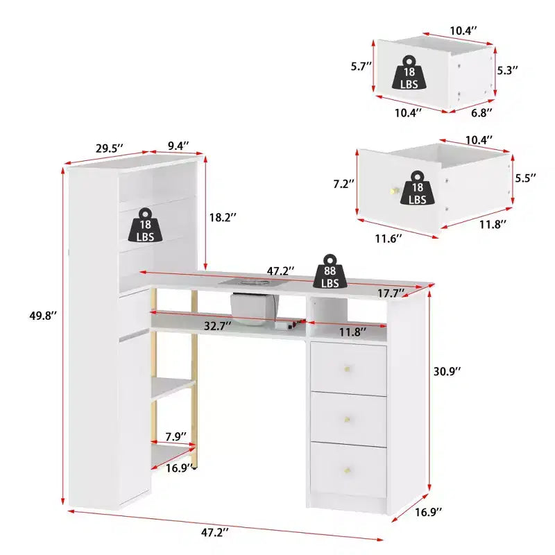 Tavolo Unghie Bianco con Aspiratore Integrato, Vetrina in Vetro Temperato, Maniglie Dorate, Postazione Salone Unghie, Tavolo Trucco