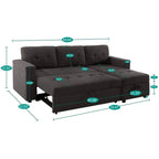 Divano componibile convertibile reversibile con letto estraibile, chaise longue con contenitore nascosto e gambe durevoli
