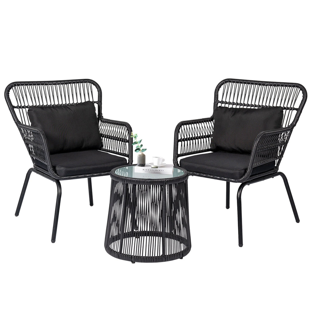 Set da Bistrò per Conversazione da Esterno a 3 Pezzi in Vimini, Set di Sedie da Patio in Rattan per Tutte le Stagioni con Cuscini