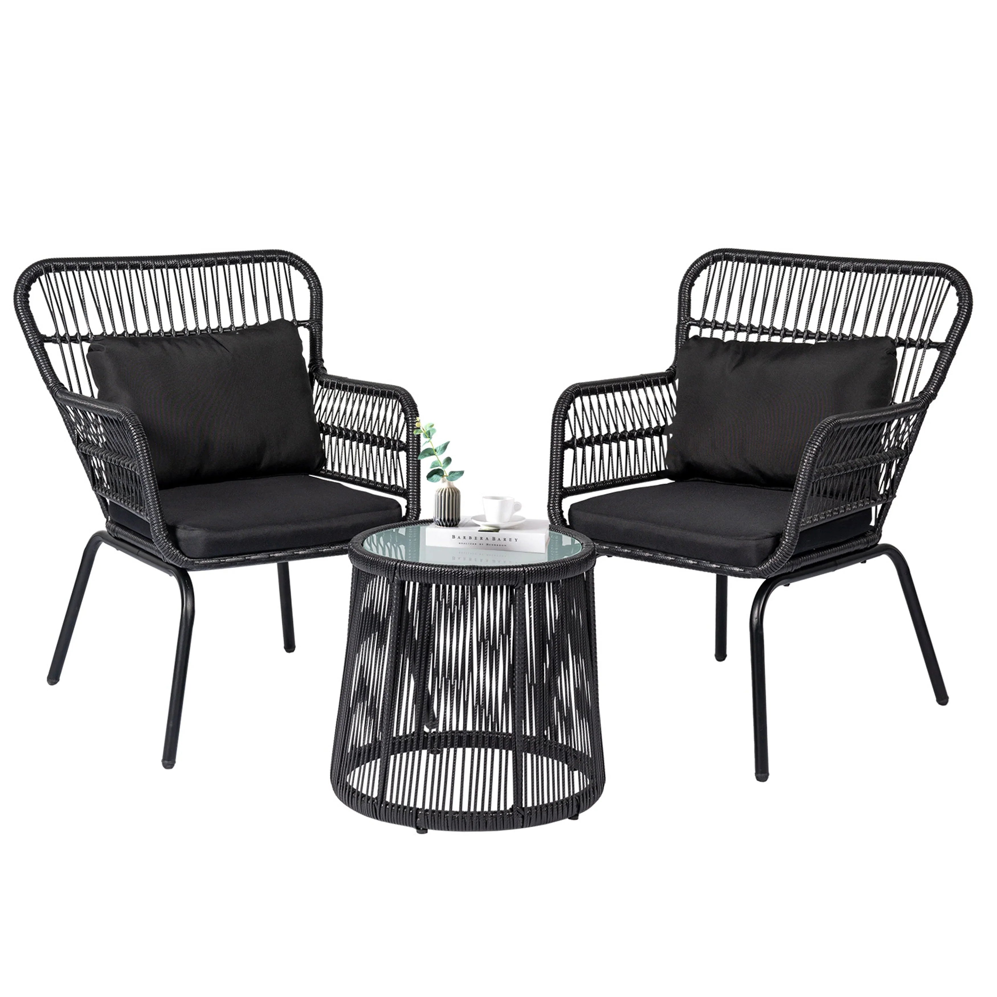 Set da Bistrò per Conversazione da Esterno a 3 Pezzi in Vimini, Set di Sedie da Patio in Rattan per Tutte le Stagioni con Cuscini