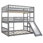 Letto a Castello Triplo Full Over Full con Scaletta Convertibile e Scivolo, Letto Triplo con Sponde di Protezione, Bianco/Grigio/Espresso - ModernLuxe