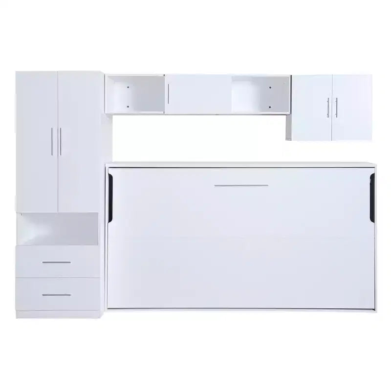 Letto a scomparsa matrimoniale, Struttura letto a parete in legno con armadio integrato, cassetti e ripiani aperti, bianco - ModernLuxe