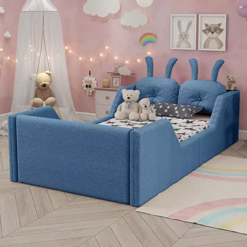 Whisen Twin - Letto a piattaforma, Letto imbottito da pavimento per bambini con cuscino a coniglio, Sponde laterali rimovibili