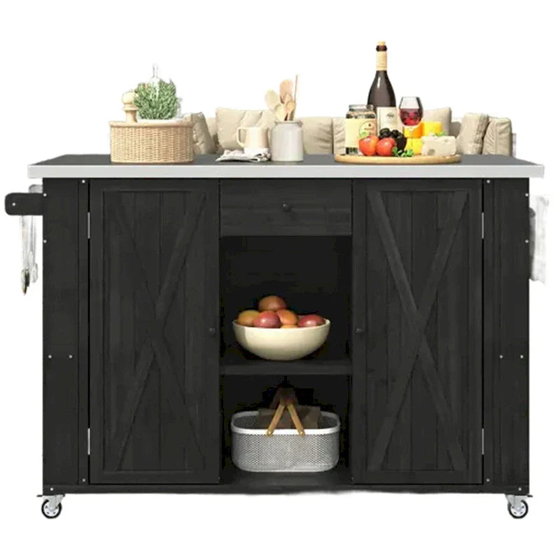 Isola da cucina per esterno, in legno di abete rustico con piano in acciaio inossidabile e vani intelligenti