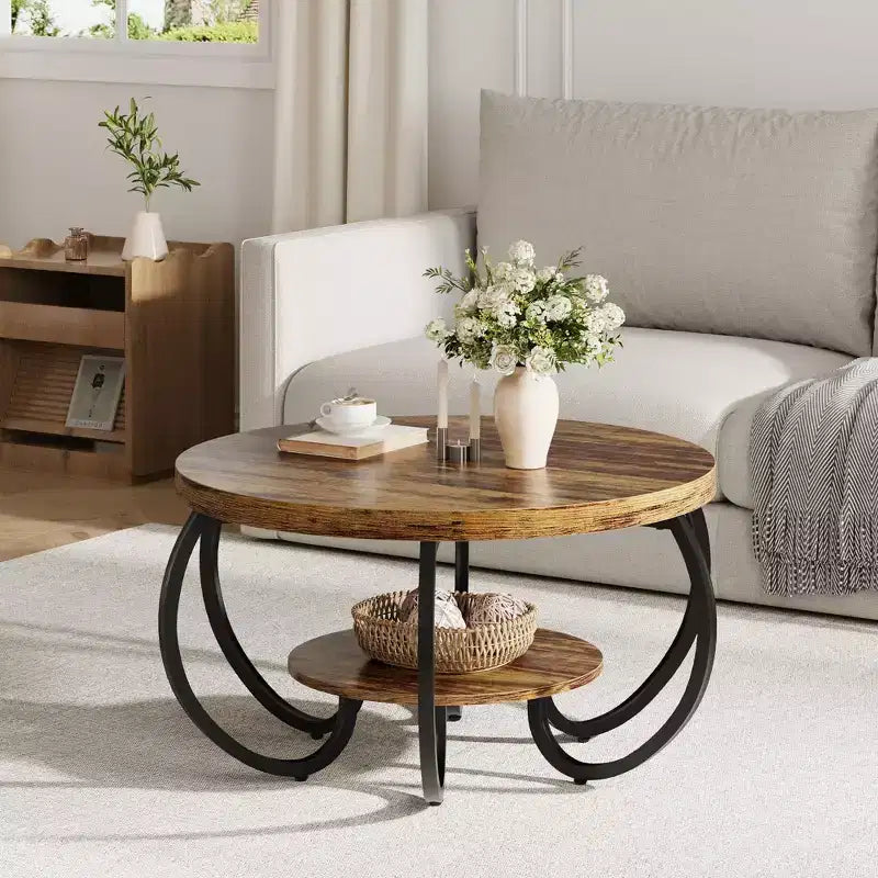 Tavolino Industriale Rotondo da 30 Pollici a 2 Livelli con Piedini Regolabili Ripiano Effetto Legno Design Fiamma Facile da Montare Soggiorno