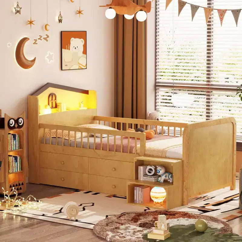 Letto a soppalco basso Whisen con luci a LED, testiera a forma di casetta e cassetti portaoggetti, struttura solida