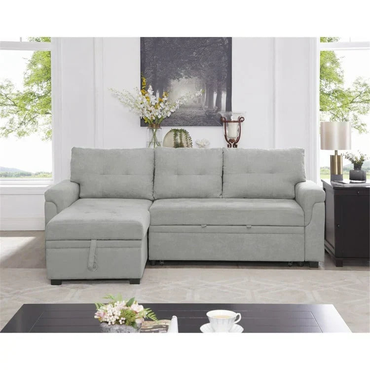 Divano componibile convertibile reversibile con letto estraibile, chaise longue con contenitore nascosto e gambe durevoli