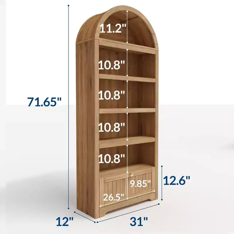 Libreria ad arco da 72 pollici con cassetto portaoggetti, mobile espositivo moderno a 6 ripiani in legno con ripiani aperti e cassetto inferiore, anta curva dell'armadio