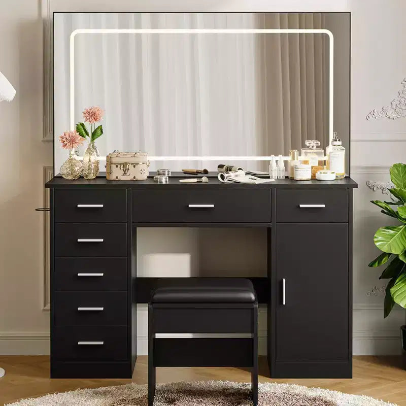 Toeletta Moderna con Grande Specchio, 7 Cassetti, Luci LED, Sedia, 3 Modalità di Illuminazione, Supporto per Asciugacapelli e Stazione di Ricarica per Camera da Letto