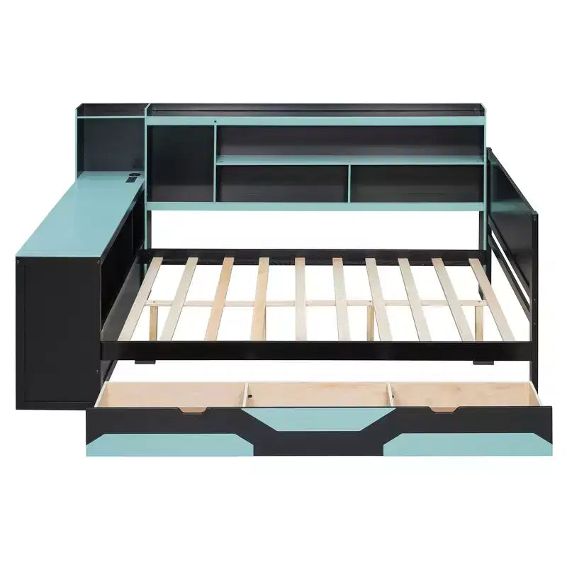 Daybed da gioco completo/queen size con testiera libreria, luci LED, scrivania integrata, cassetti e stazione di ricarica