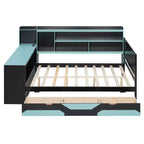 Daybed da gioco completo/queen size con testiera libreria, luci LED, scrivania integrata, cassetti e stazione di ricarica