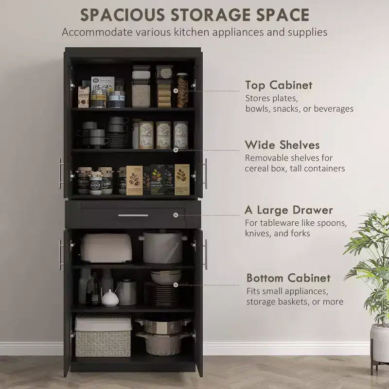 Dispensa da Cucina Moderna, Mobile Autoportante con Ante e Cassetti, Ripiani Regolabili