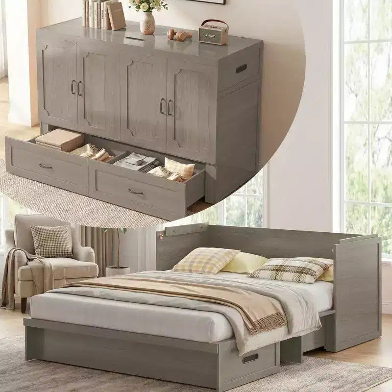 Letto a scomparsa matrimoniale Mjkone con materasso, ricarica USB, cassetti portaoggetti
