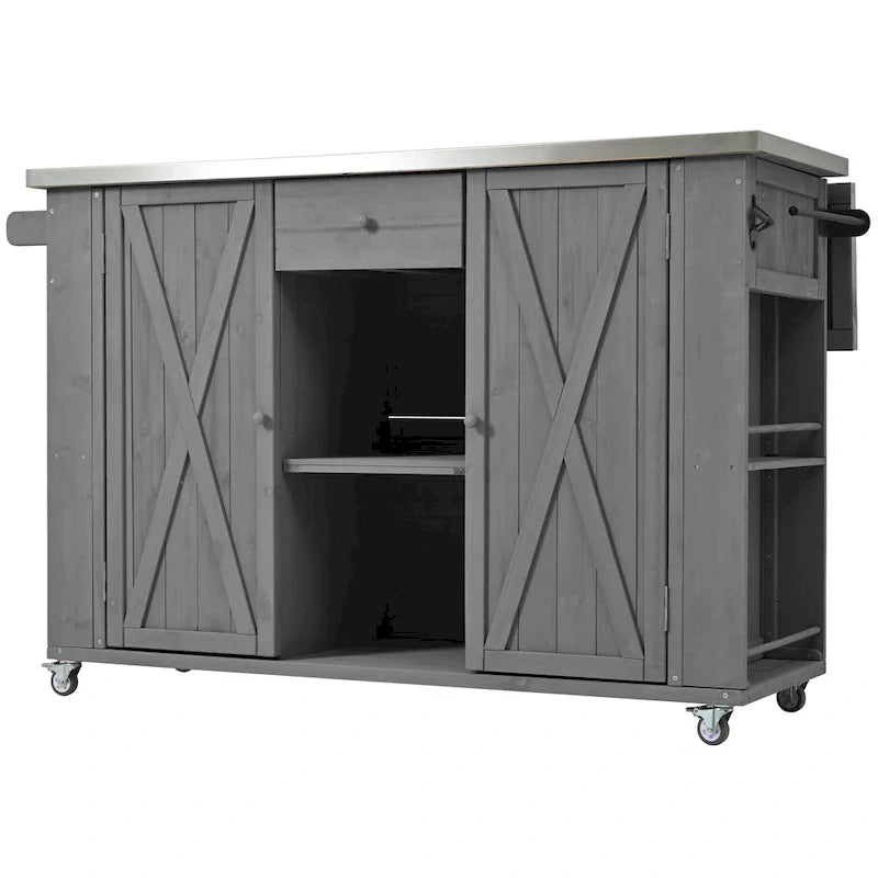 Isola da cucina per esterno, in legno di abete rustico con piano in acciaio inossidabile e vani intelligenti