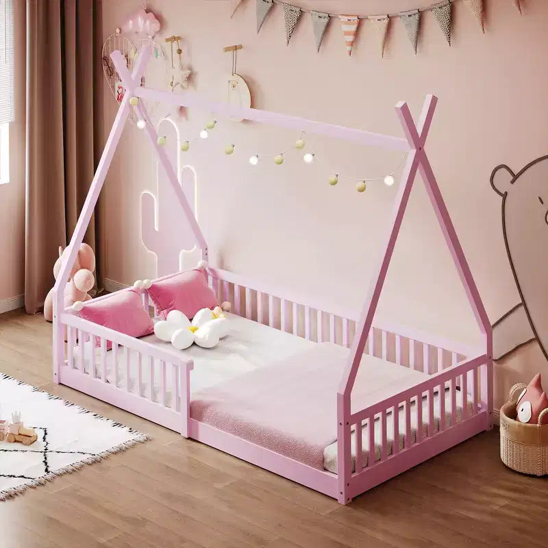 Letto a pavimento per bambini, letti a tenda a una piazza, letto a pavimento Montessori con doghe e sponde di protezione, struttura letto a casetta in legno per ragazzi e ragazze
