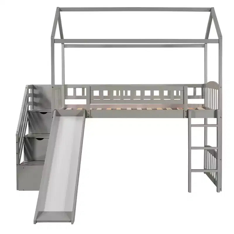 Letto a soppalco a castello con scivolo e scale, letto a soppalco con cassetti contenitori, letto a soppalco in legno a capanna per bambini e neonati