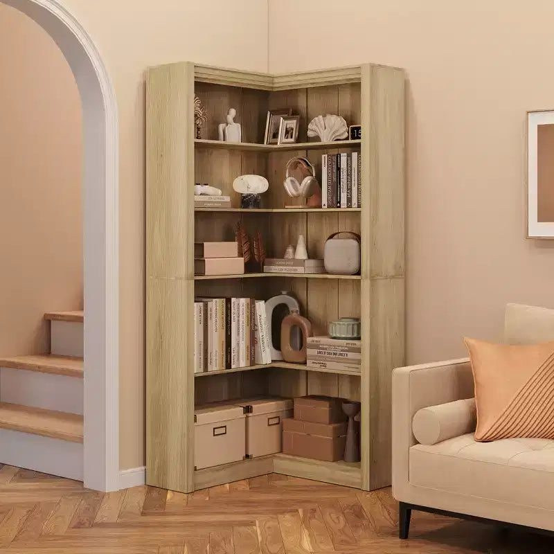 Libreria angolare a 5 ripiani a forma di L, in stile retrò, Bianco/Nero/Legno, singola