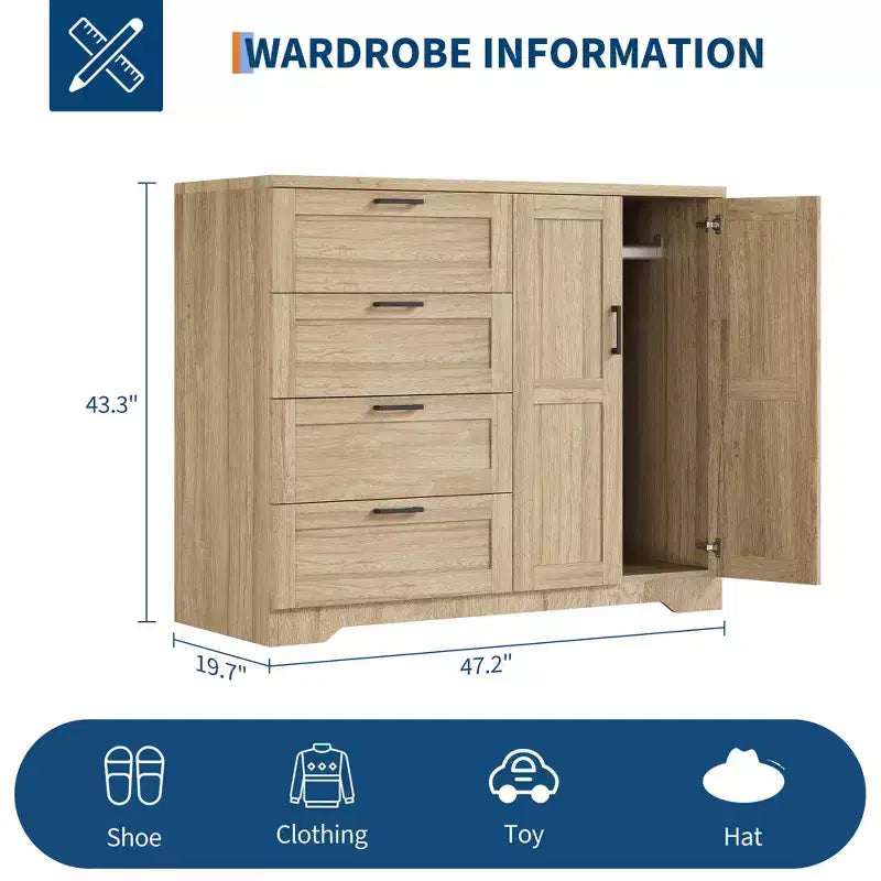 Guardaroba Armadio in Legno H 43.3 con 4 Cassetti e Asta Appendiabiti, Mobile Contenitore Multifunzionale per Camera da Letto