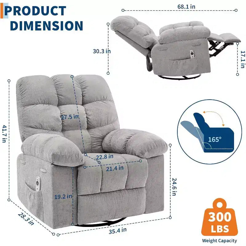 Poltrona Reclinabile Massaggiante con Calore - Girevole a 360°, Dondolo, Divano Singolo Oversize con Vibrazione, USB e Tasche Contenitore per Soggiorno/Camera da Letto