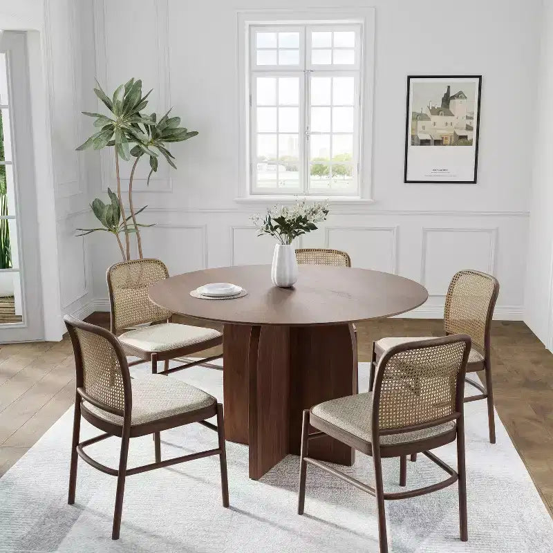 Tavolo da pranzo rotondo PexFix 45 x 45 in legno massello con finitura noce ed eleganti gambe ad arco per sale da pranzo e cucine moderne