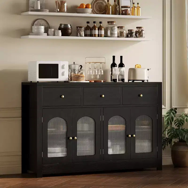 Credenza stretta da 140 cm con 3 cassetti e 4 ante per cucina, sala da pranzo, soggiorno