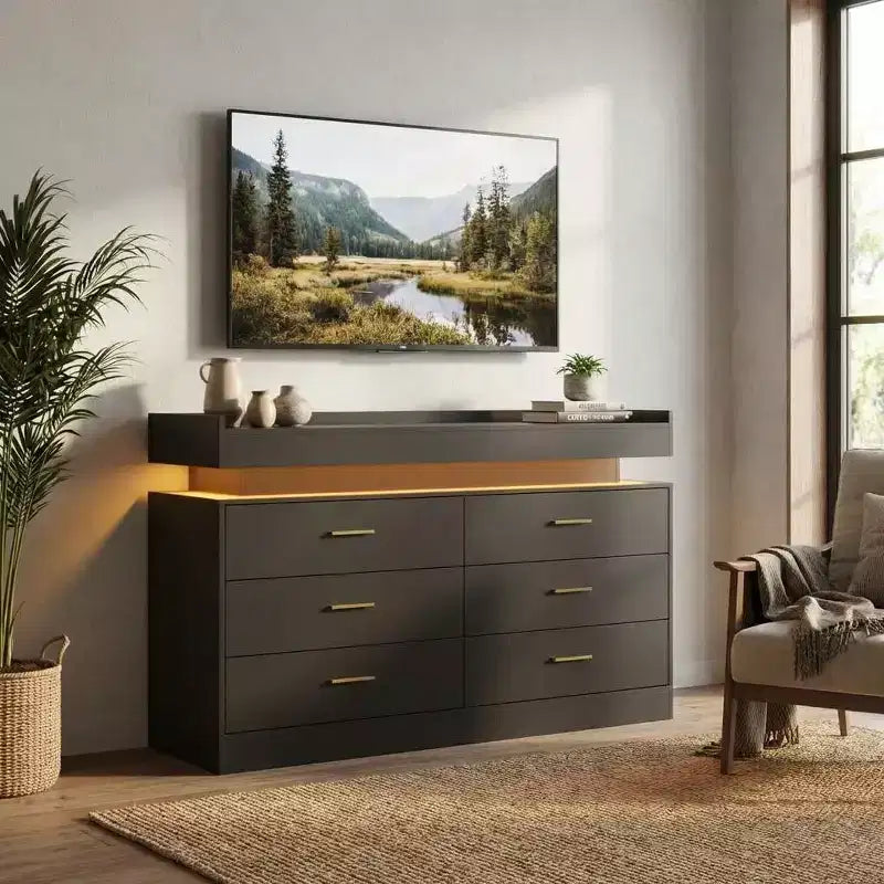 Mobile TV moderno con 6 cassetti e luci LED, bancone galleggiante per caffè/bar, per soggiorno, centro di intrattenimento